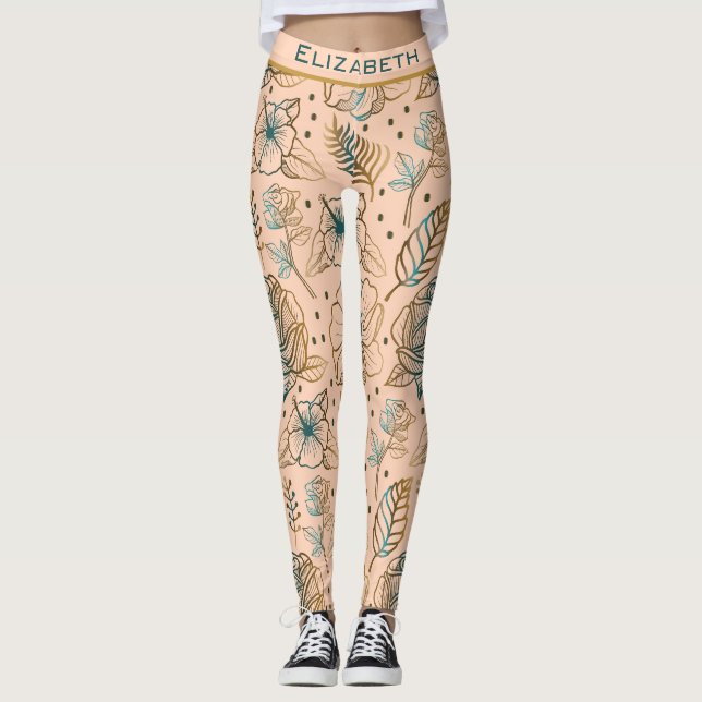 Golden floral seamless pattern personalized name leggings (Front)