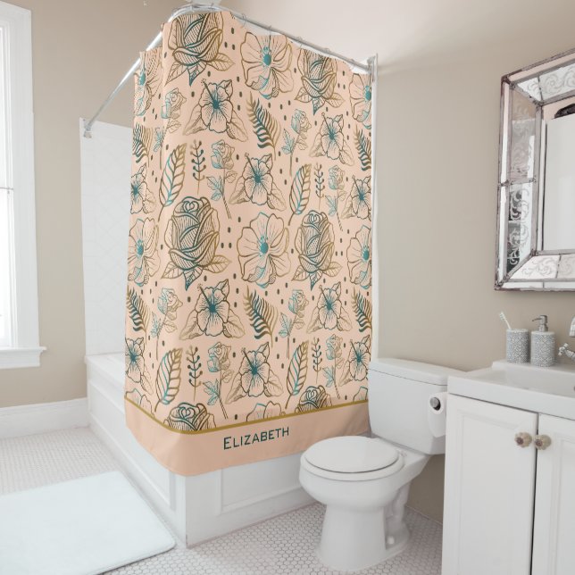 Golden floral seamless pattern personalized name shower curtain (In Situ)