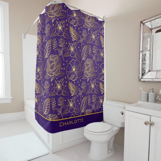 Golden floral seamless pattern personalized name  shower curtain (In Situ)