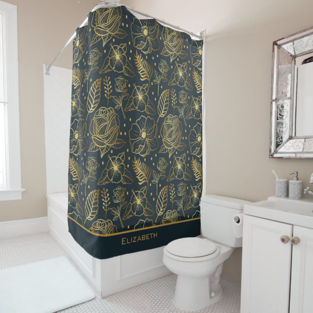 Golden floral seamless pattern personalized name  shower curtain (In Situ)