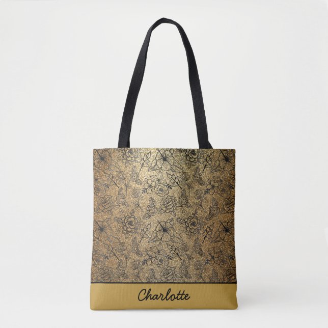 Golden floral seamless pattern personalized name tote bag (Front)