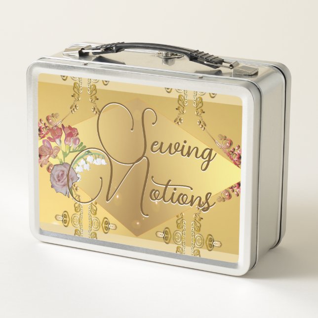 Golden Floral Sewing Notions Metal Lunchbox (Back)