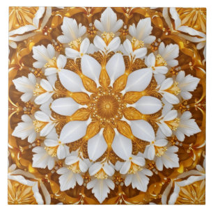 Golden Floral Snowflake Kaleidoscope Ceramic Tile
