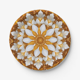 Golden Floral Snowflake Kaleidoscope Paper Plates