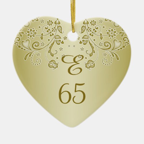 Golden floral swirls 65th Birthday heart Ornament