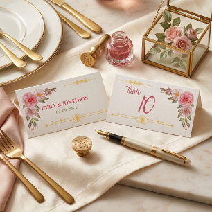 Golden Floral Watercolor Wedding Place Card