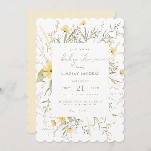 Golden Floral  Wildflower Scalloped Baby Shower Invitation