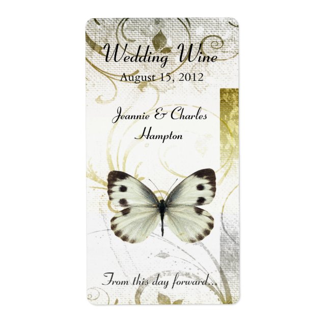 Golden Flourish & Butterfly Wedding Mini Wine Label (Front)