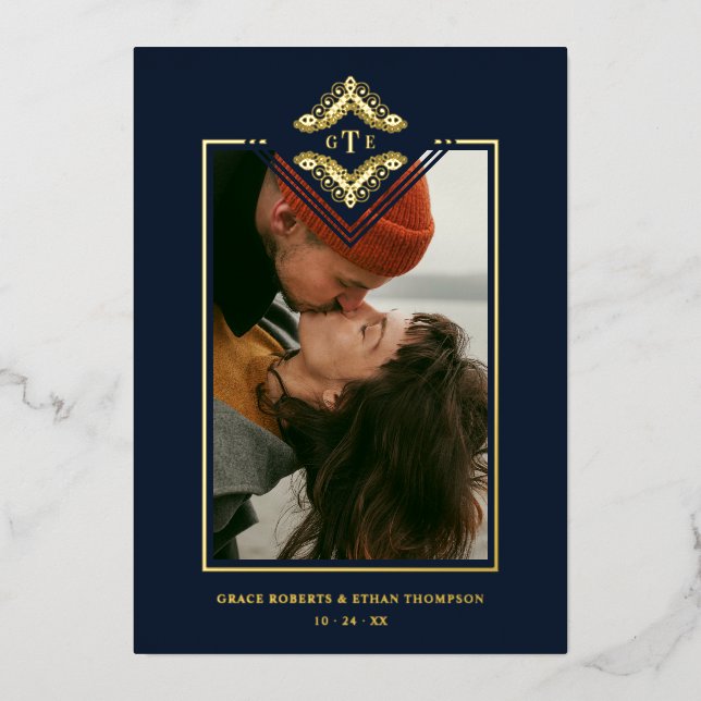 Golden Flourish Classic Ornament Photo Navy Blue Foil Invitation (Front)