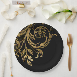 Golden Flourish Elegant Gold Floral on Black Paper Plates