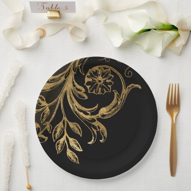 Golden Flourish | Elegant Gold Floral on Black Paper Plates (Wedding)