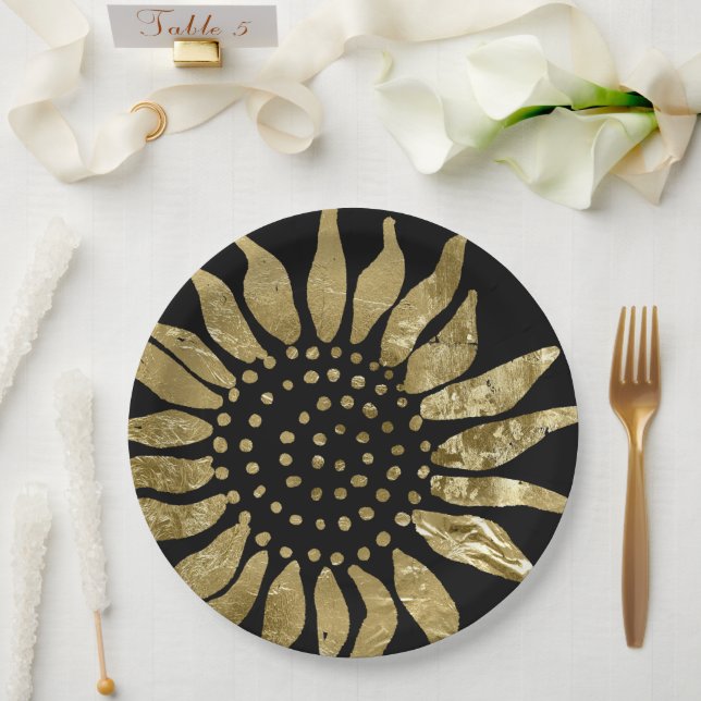 Golden Flourish | Elegant Gold Sunflower on Black Paper Plates (Wedding)