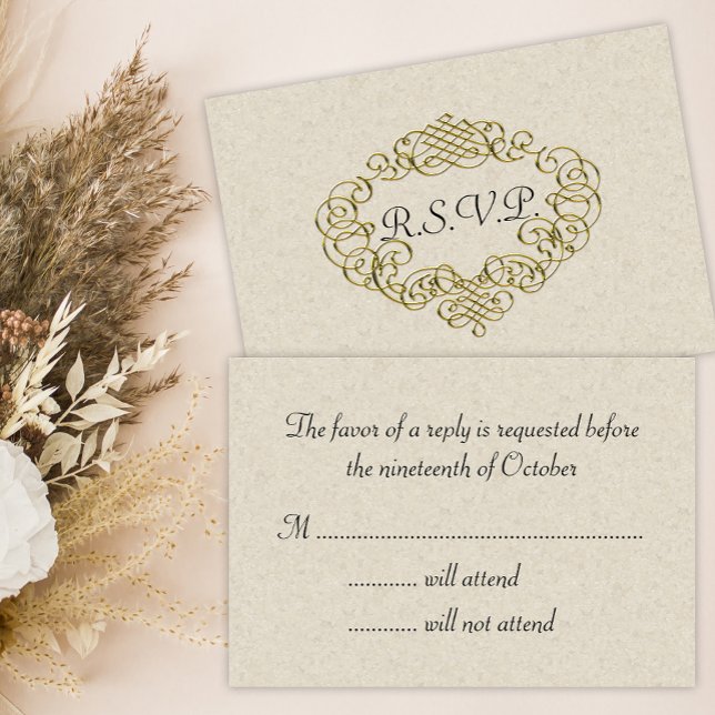 Golden Flourish Wedding Crest Beige Wedding RSVP (Creator Uploaded)