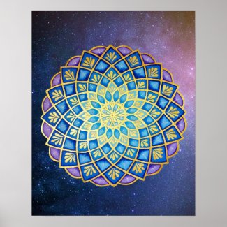 Golden Flower Blue Purple Mandala Galaxy Poster