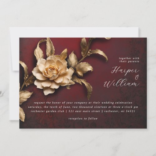 Golden flower horisontal wedding invitation