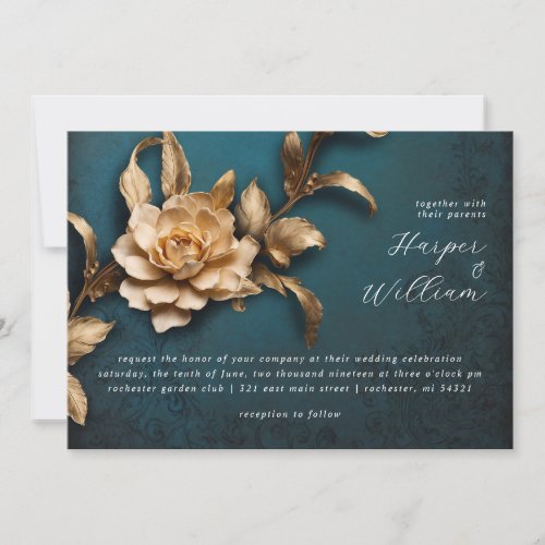 Golden flower horisontal wedding invitation