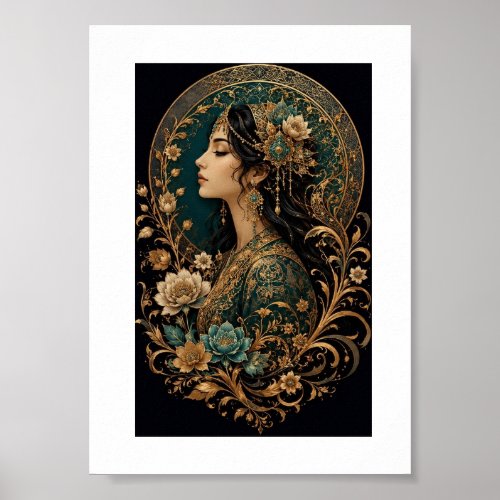 Golden Flower Lady – Persian Inspired Elegant Wall Poster