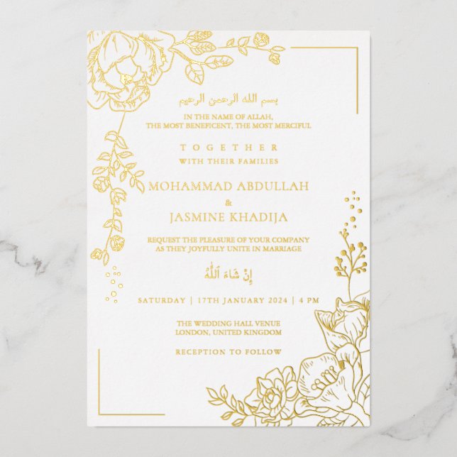 Golden Flower Modern Muslim Wedding Nikah Foil Invitation (Front)
