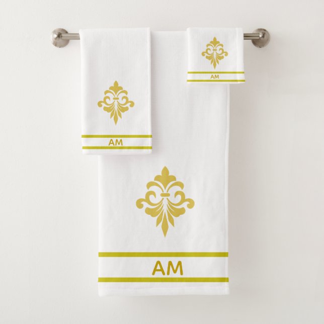 Golden Flower, Monogram and Stripes on White Bath Towel Set (Insitu)