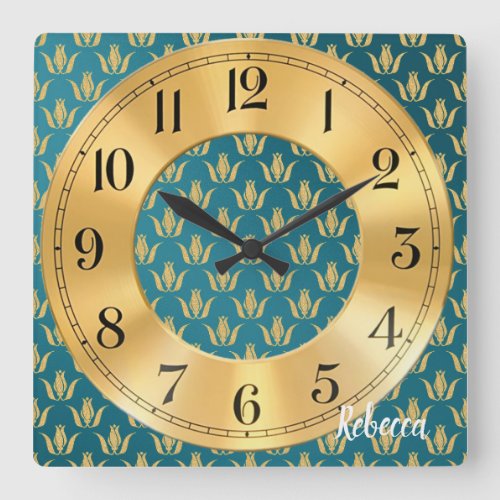 Golden Flower Motif Customizable Artistic  Square Wall Clock
