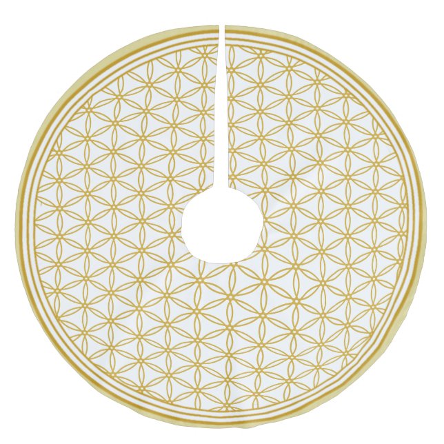 Golden flower of life pattern on white brushed polyester tree skirt (Front)