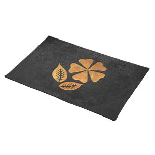 Golden Flower on Black Leather Placemat