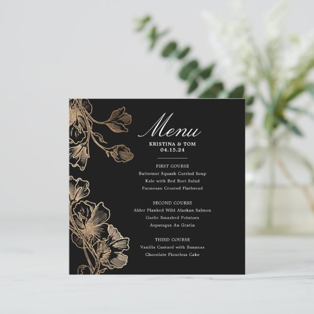Golden Flower Vines Wedding Menu Invitation (Standing Front)