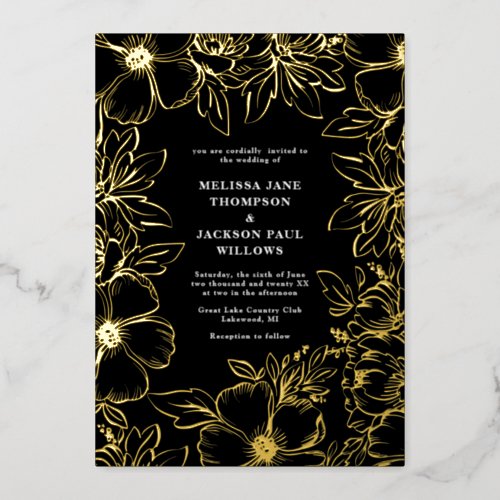 Golden flower wreath frame elegant wedding black foil invitation
