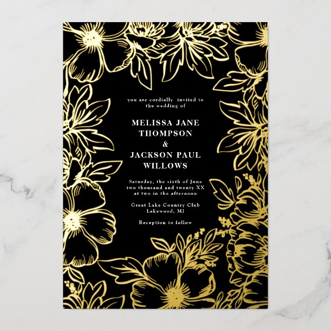 Golden flower wreath frame elegant wedding black foil invitation (Front)