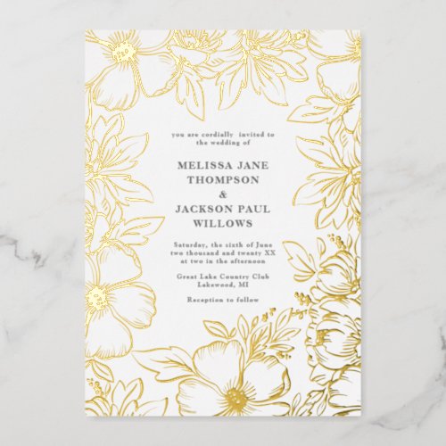 Golden flower wreath frame elegant wedding design foil invitation