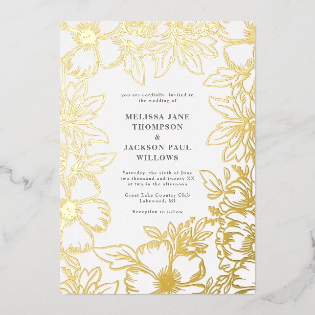 Golden flower wreath frame elegant wedding design foil invitation (Front)