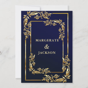 Golden flower wreath frame elegant wedding design invitation