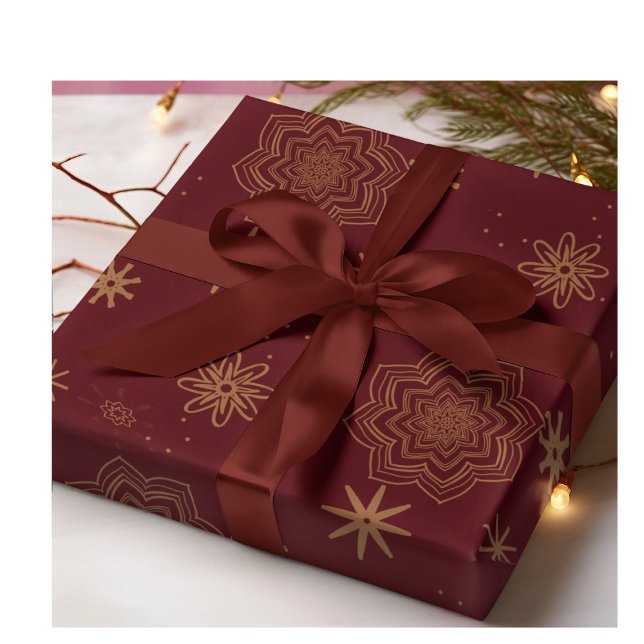 Golden flowers and stars on Burgundy Wrapping Paper Sheets (Creator Uploaded)