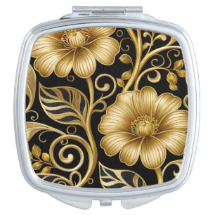 Golden Flowers Art Deco Compact Mirror