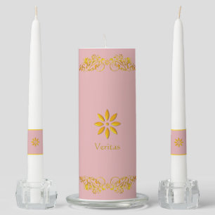 Golden flowers & calligraphy on dusty rose unity candle set