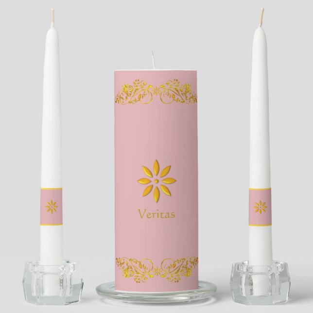 Golden flowers & calligraphy on dusty rose unity candle set (Front)