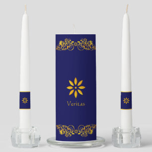 Golden flowers & calligraphy on navy blue unity candle set