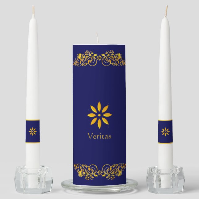Golden flowers & calligraphy on navy blue unity candle set (Front)