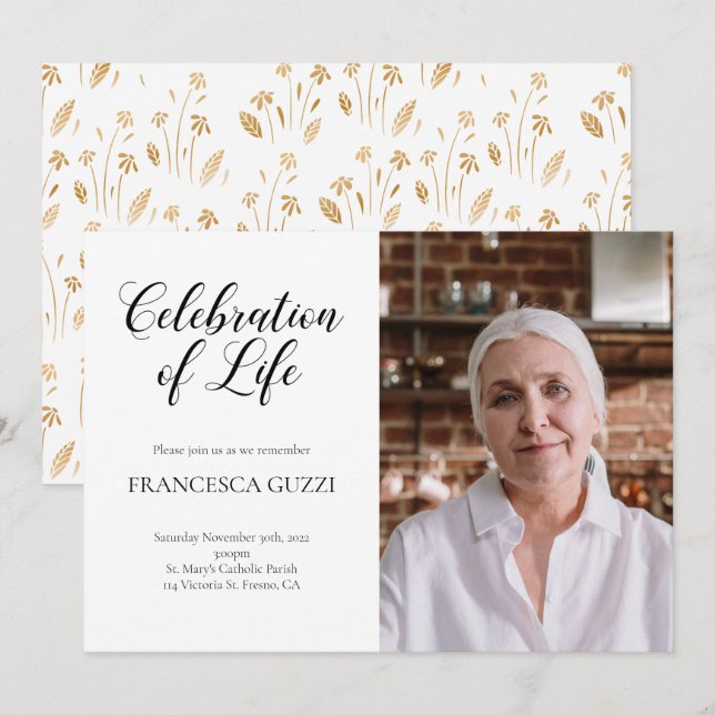 Golden Flowers Celebration of Life Photo Invitation (Front/Back)