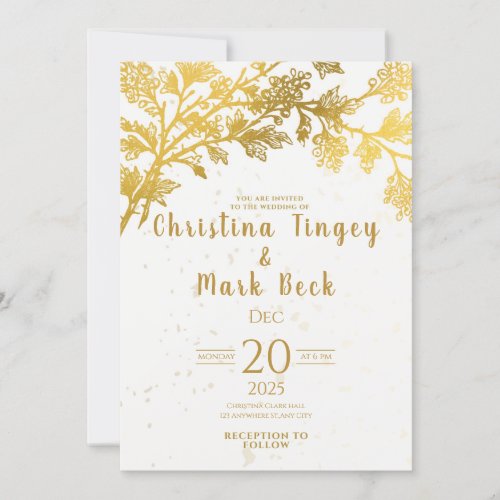 Golden Flowers Elegant Modern White Wedding  Invitation