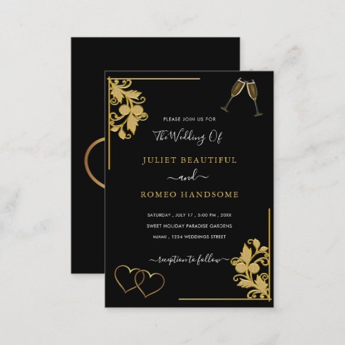 Golden Flowers Love Gold Hearts Wedding Invitation