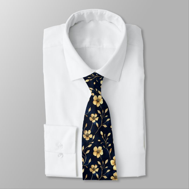 Golden Flowers Navy Pattern Neck Tie (Tied)