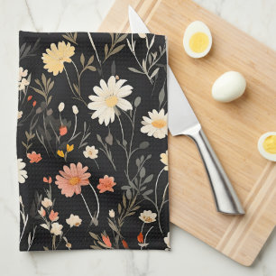 Golden flowers on a dark background kitchen towel