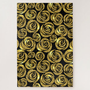 Golden Flowers on Black Background Jigsaw Puzzle
