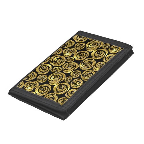 Golden Flowers on Black Background Trifold Wallet