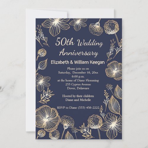 Golden flowers on blue 50th Wedding Anniversary Invitation