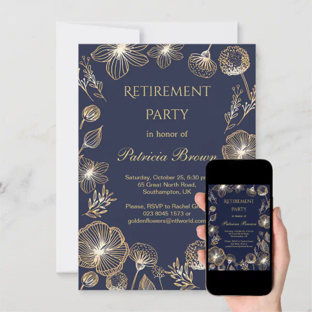 Golden Flowers On Blue Retirement Party Invitation 