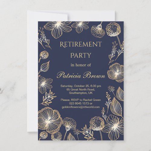 Golden flowers on blue Retirement Party Invitation