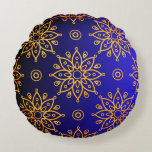 Golden Flowers On Gradient Blue Background Pattern Round Pillow at Zazzle