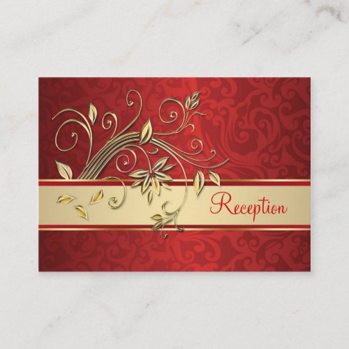 Golden flowers on red damask Reception Business Card Template